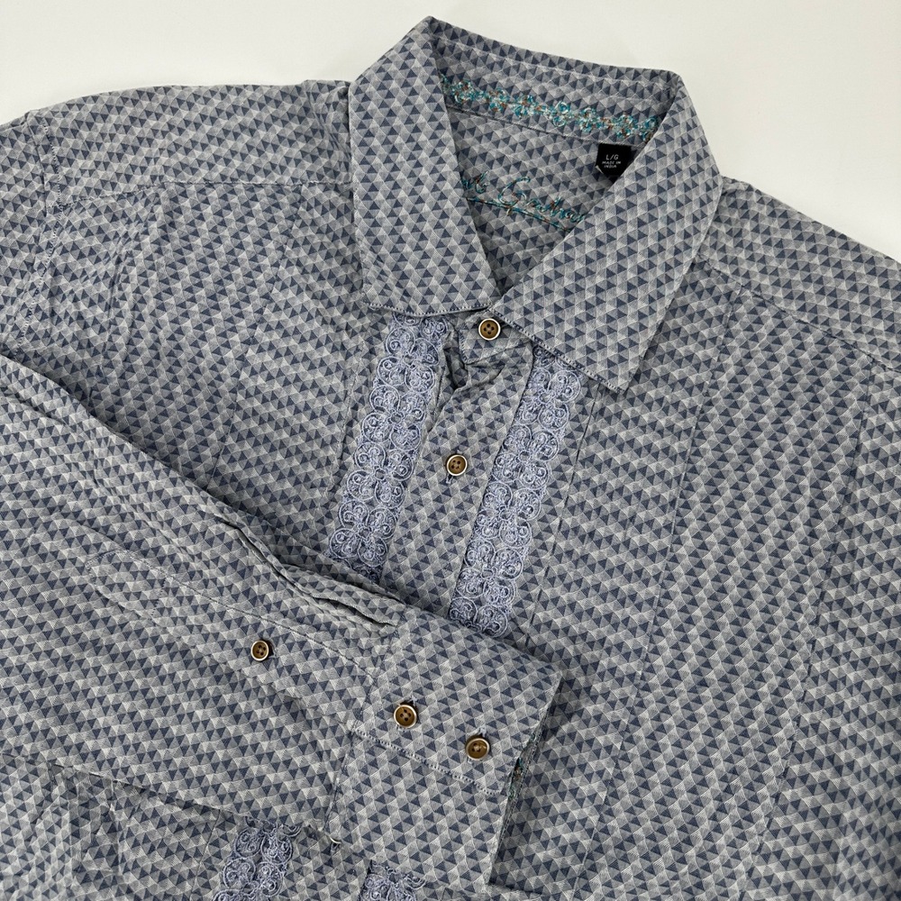 Robert Graham Mens Blue Geometric Triangle Print Lace Placket Button Down Shirt